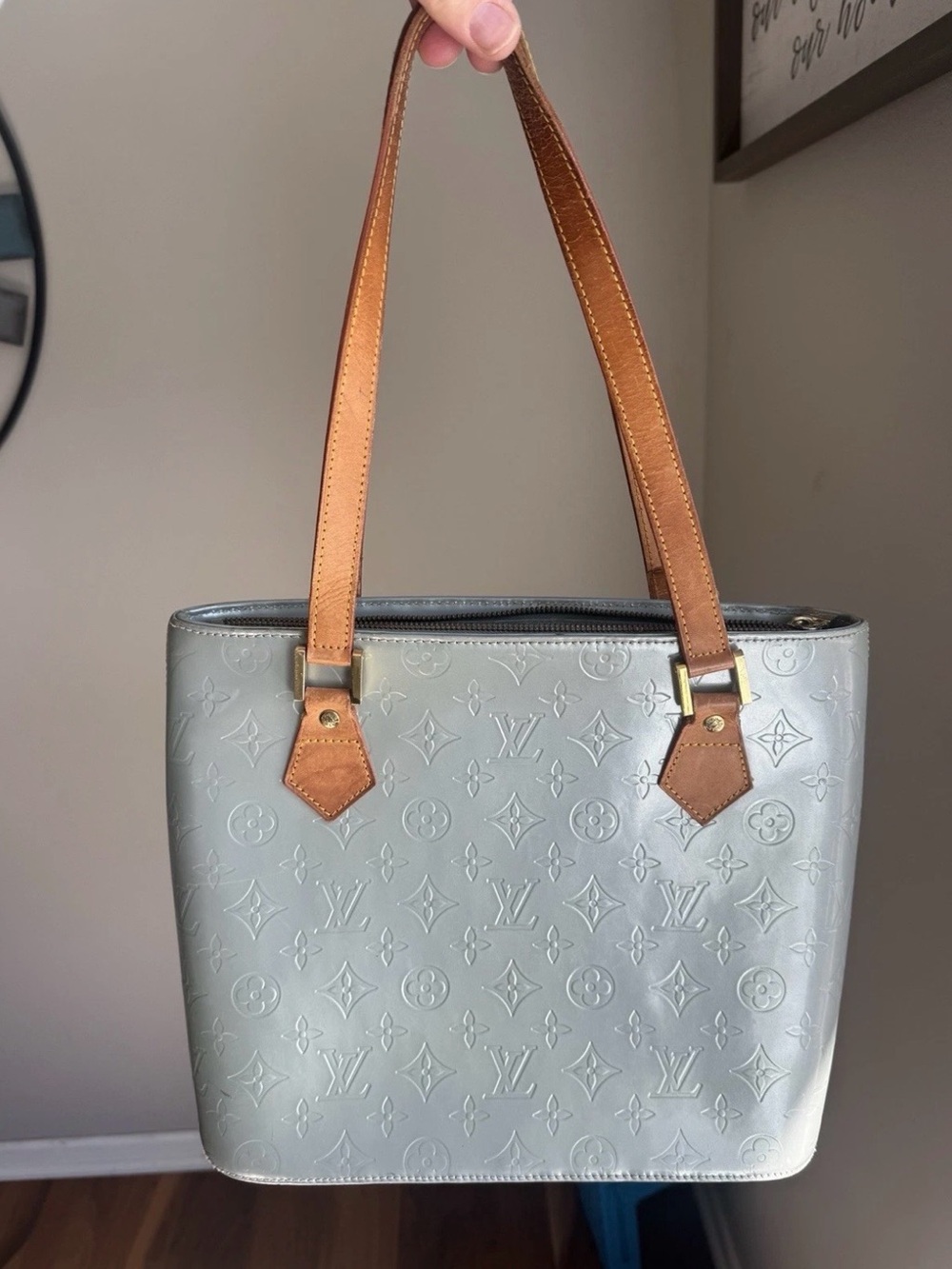 Louis Vuitton Silver Monogram Vernis Shoulder Bag with Tan Straps
